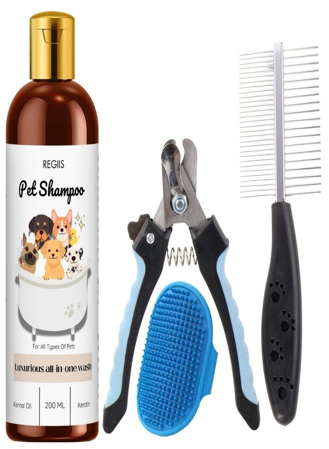 مجموعة ريجيس للعناية بالحيوانات الأليفة مع شامبو الكل في واحد، وفرشاة احترافية للكلاب، ومقص أظافر، وغسول غني بالكيراتين سعة 200 مل لجميع أنواع الحيوانات الأليفة (عبوة من 4 قطع) - Image 1